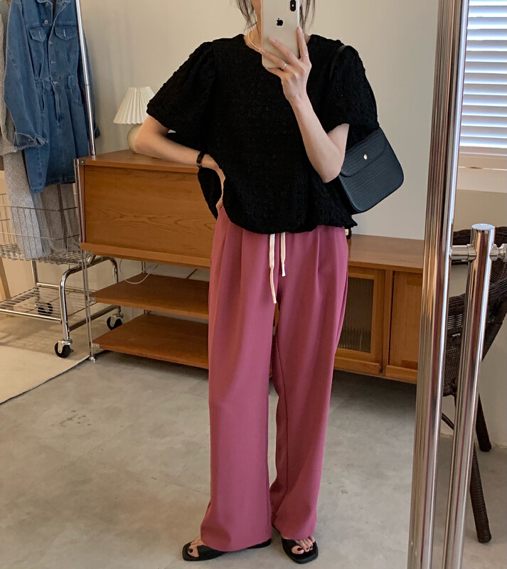 goods in stock! New in early summer! [y.jia Yijia] simple pleated bubble short sleeve + high waist elastic casual pants set (only sell sets) ys1-8882# PCZ