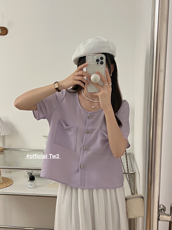 New in early summer! [TW2] French celebrity small fragrance style simple temperament Round Neck Shirt 19197# HBx