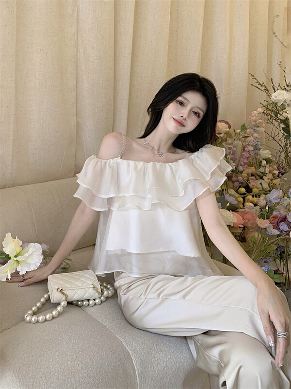 [Doudou family] French super fairy Chiffon small shirt with shoulder lotus leaf edge (with chain) 88323# CLS