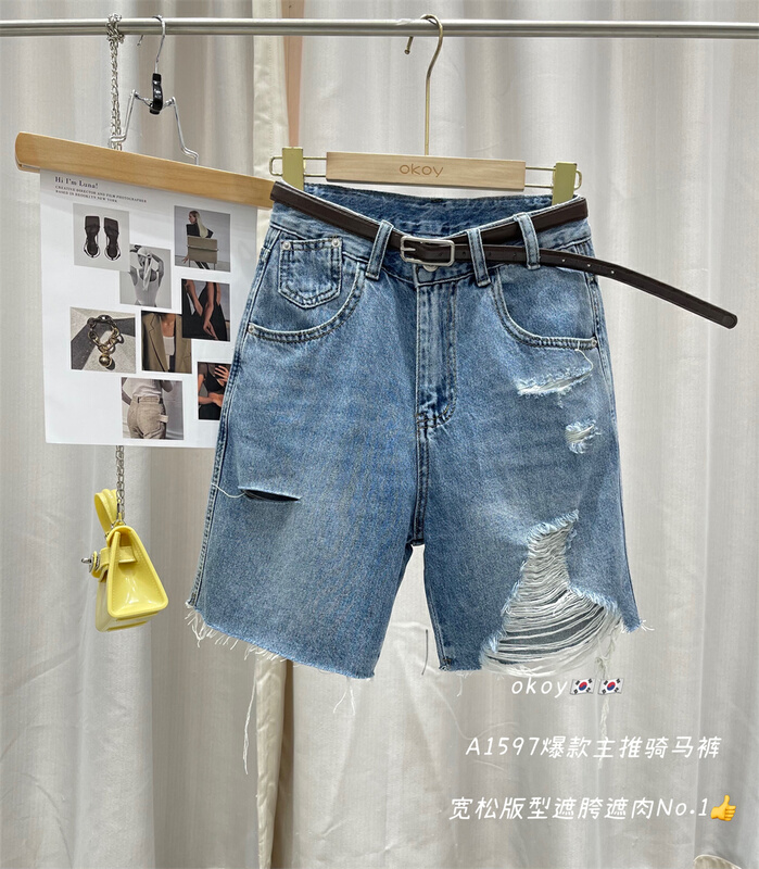 初夏上新!【OKOY DENIM】時尚百搭五分破洞牛仔短褲  A1597#  HYY