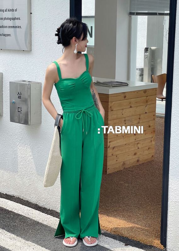 [tabmini] Korean solid color suspender + versatile slacks set 19495-g# WPL