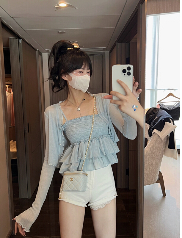 [X.C] simple clean color long sleeved knitted cardigan + stretch sexy suspender vest set 603# WPL