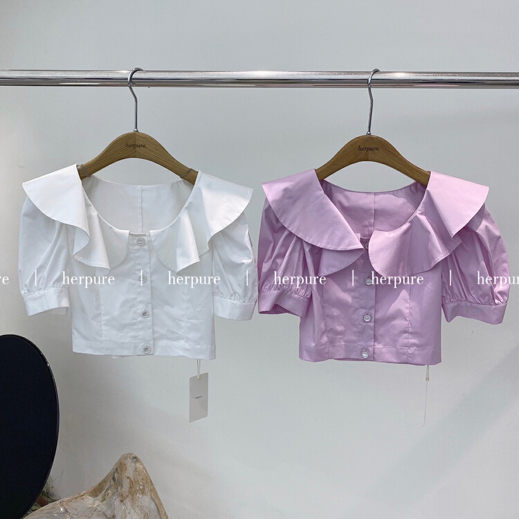 [herb] Korean ins style lotus leaf collar short sleeve shirt s22211150# lwy