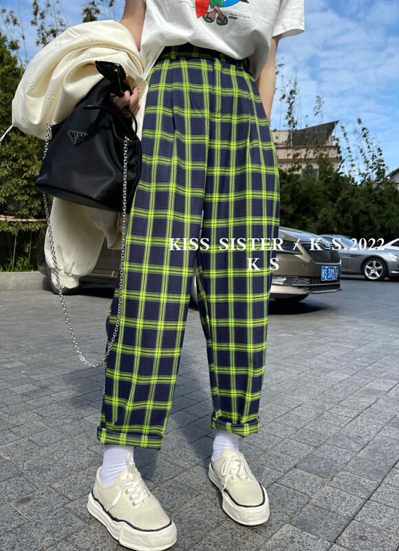 goods in stock! New year in early spring! [kiss sister] high waist retro loose and versatile straight tube Plaid casual pants 9067# ozq
