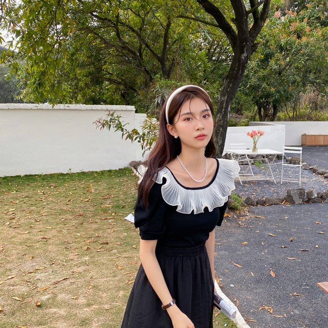 [blue show] temperament fungus edge design sense bubble sleeve shirt 791# LSW