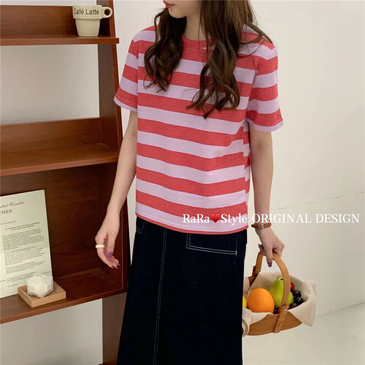 New in early summer! [rara] Korean stripe versatile short sleeve T-shirt 1005# LSL