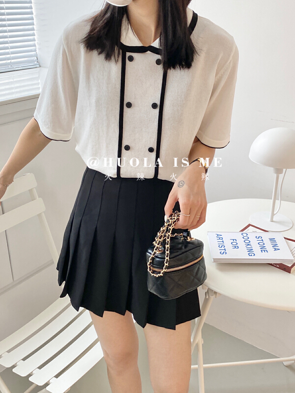 [hot Huola is me] sweet and elegant polo collar contrast color edge short sleeved T-shirt 7579# cqw