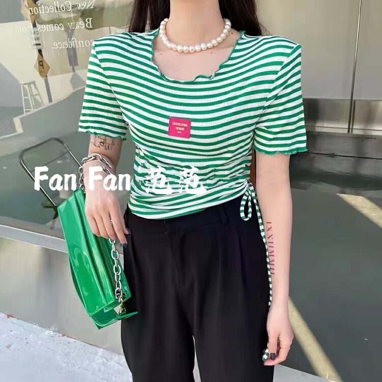 [Fanfan] fashion Korean stripe label short sleeve T-shirt ys1-5571# JJ