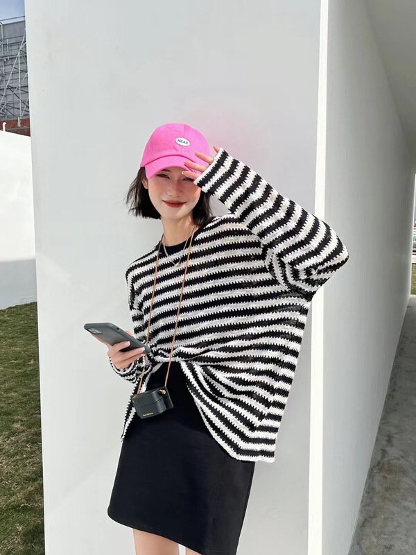 New year in early spring! [black + white] Korean fashion stripe loose and versatile long sleeve T-shirt 2311u# hyy