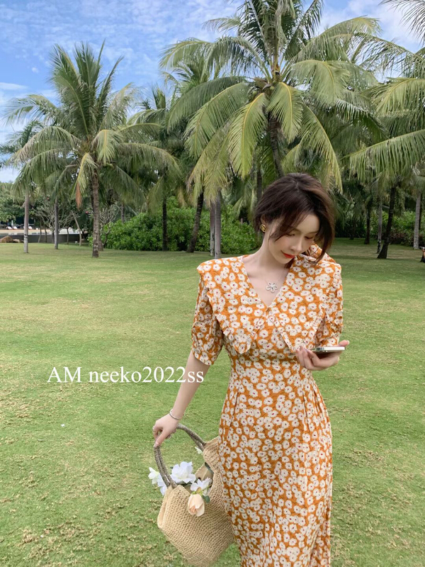 [neeko] Korean style printed waist dress (with hair circle) 3379# PCZ
