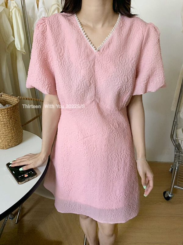 [thirteen 13] Korean foam V-neck pearl dress 2162# XYY
