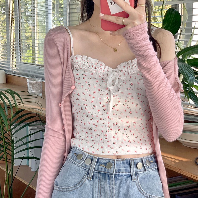 [miss sumey millet] age reducing small fresh broken flower lace up vest / sling a2413-1# HBx