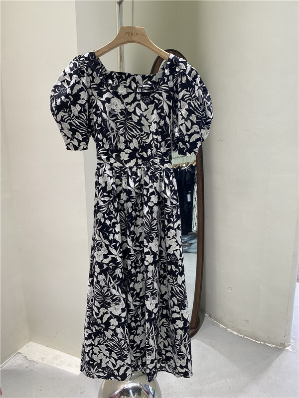 [fenla] French retro print bubble sleeve dress 5699# WPL