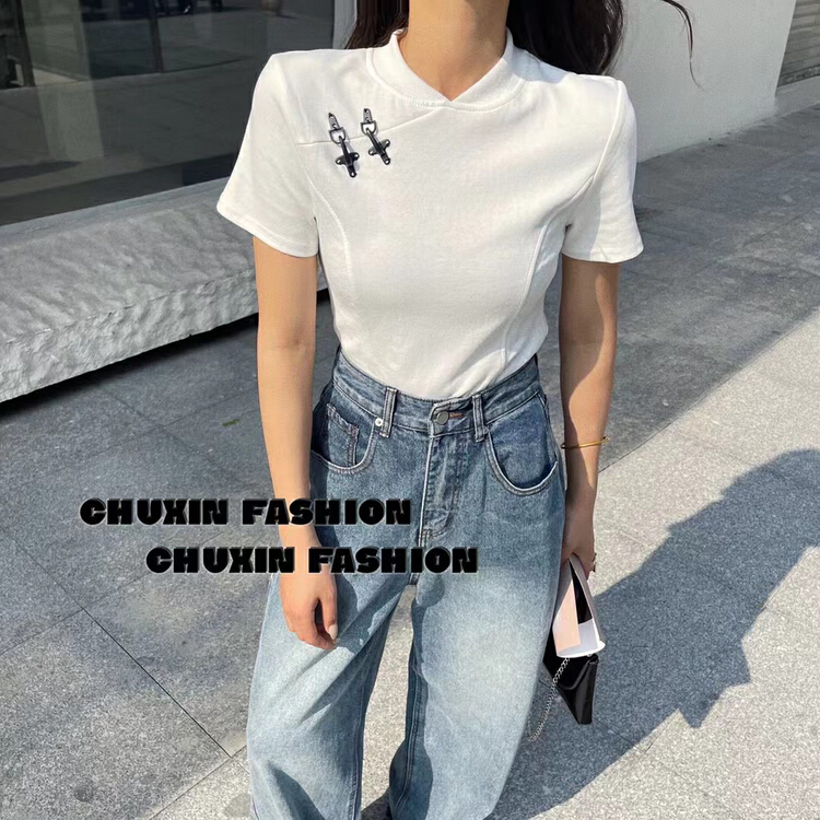 [c.x Chuxin] Republic of China style retro buckle decoration short shirt 6072# WTT