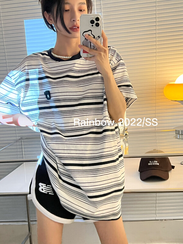 [rainbow] Sesame Street stripe loose short sleeve T-shirt 28695# WTT