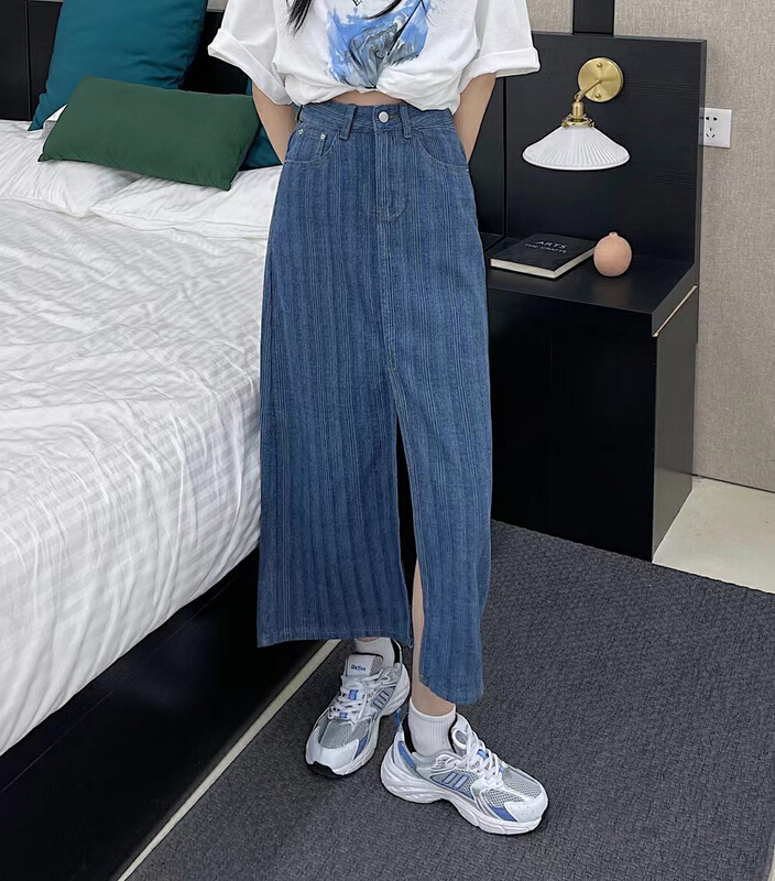 New year in early spring! [mate fashion] Vintage Port style high waist medium length stripe split denim skirt 8025# ozq