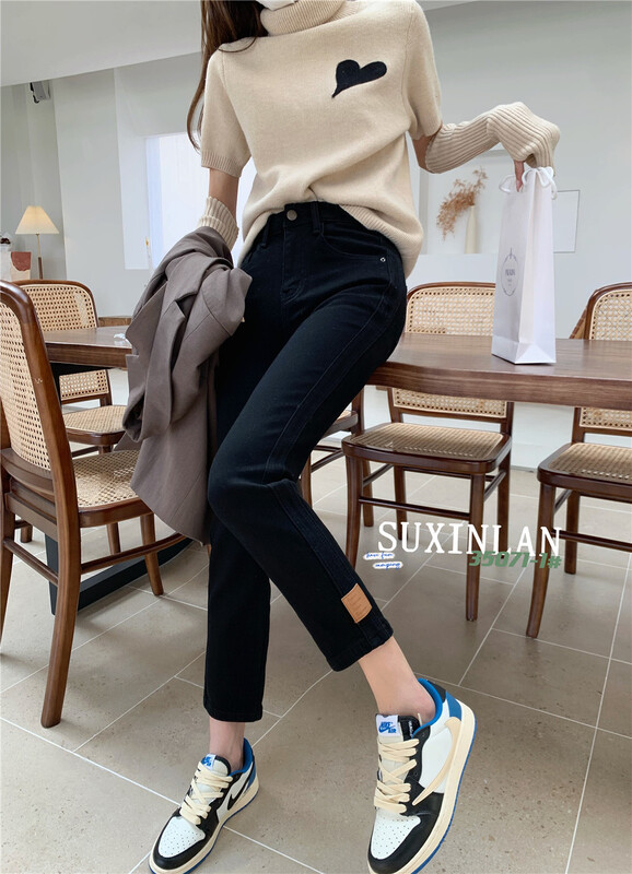 goods in stock! New year in early spring! [plain blue] brushed fashion elastic straight jeans 35071-1 black-2 dark blue-3 light blue # LSL
