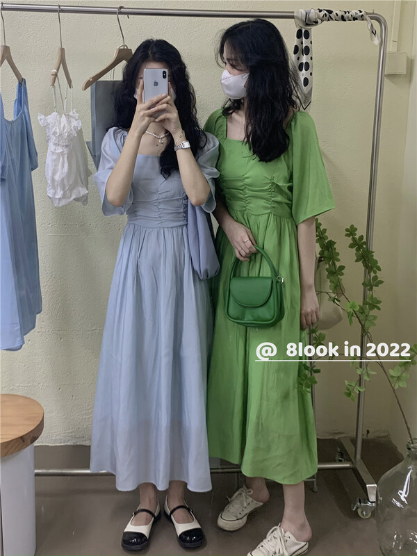[8 look] Korean Ladies square neck high waist dress 2219# hjy