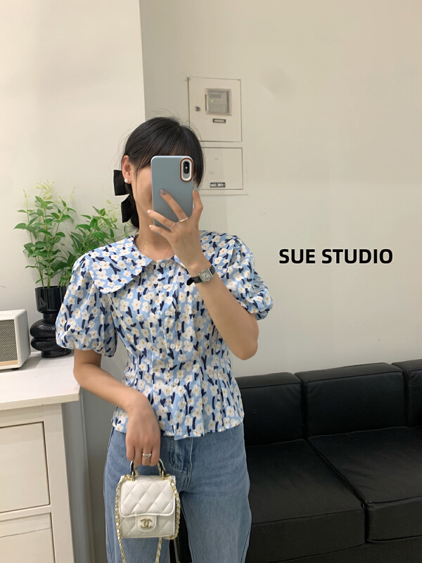 [Sue studio] flower bubble sleeve waist closing blouse 22288# zjy