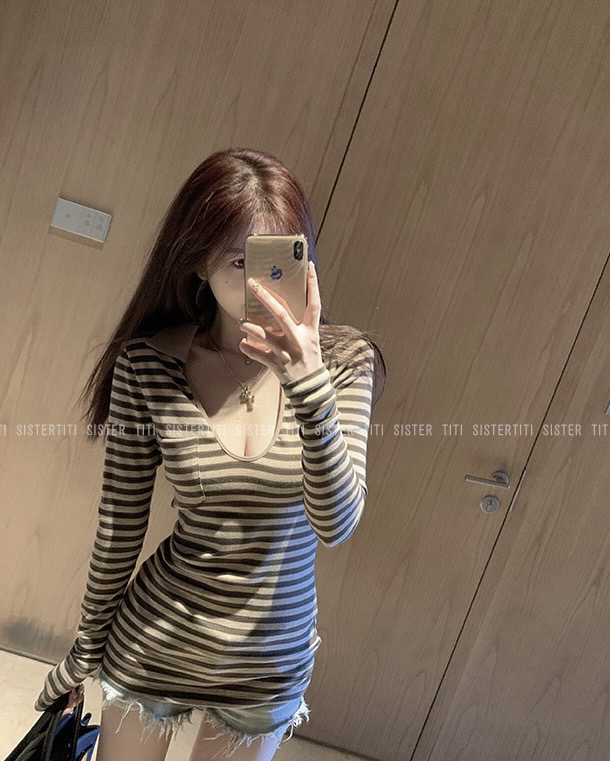 New year in early spring! [LML] pure style, versatile, thin striped long sleeve T-shirt a631# ozq