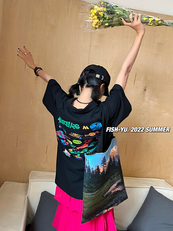 [fish Yu] design sense fashion trend short sleeve T-shirt 22173# LSL