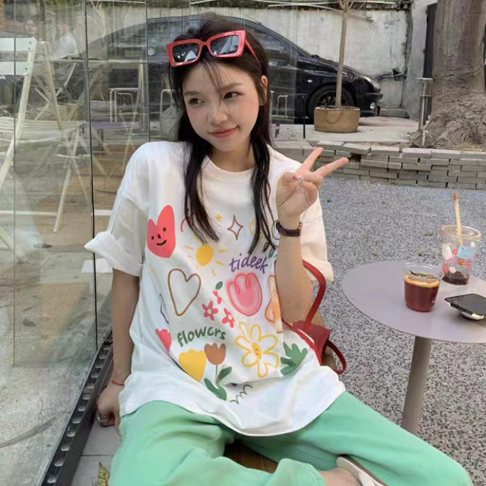 [kakamee] summer flower and sun hand-painted large short sleeve T-shirt 3978# LSL