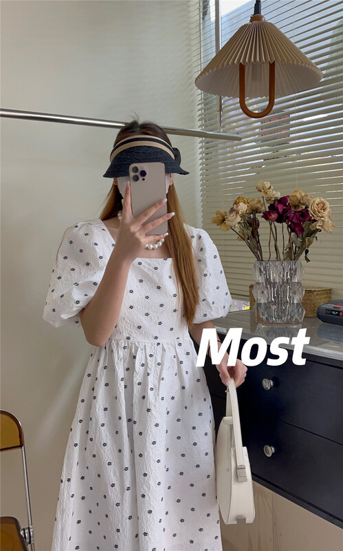 [most] Korean style square neck bubble sleeve floret dress 97093# zjy