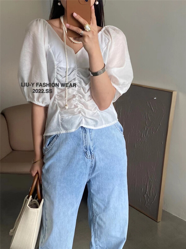 [Liu. Y] V-neck pleated lady blouse 6205# L