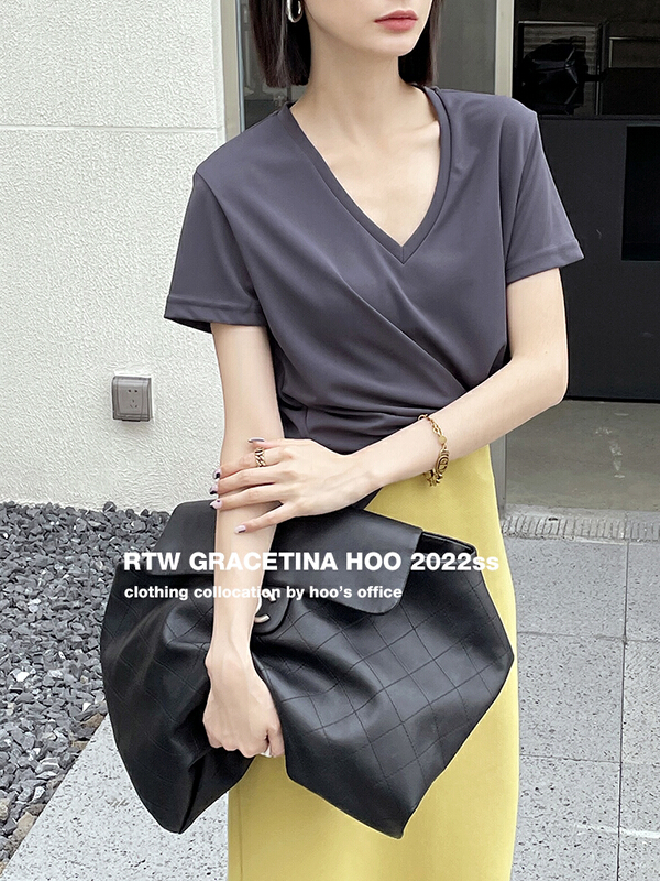 [gracetina Hoo] stylish V-neck slim fit versatile short sleeve T-shirt t757# zxl