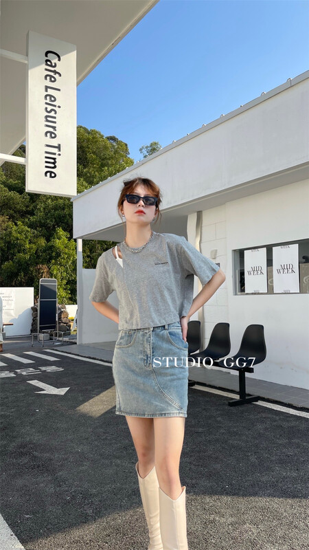 New in early summer! [gg7] simple casual leave two letter embroidered short sleeve T-shirt 3321# WPL