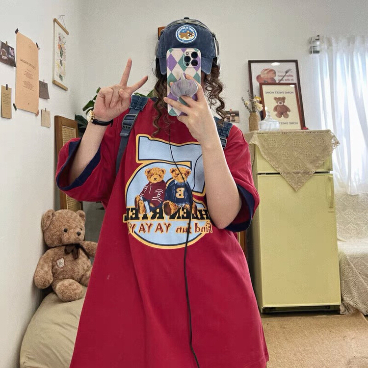 [lab eeda] retro bear contrast loose BF boyfriend childlike fun cute printed short sleeve T-shirt 2931# ozq