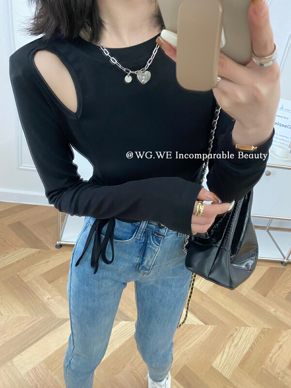 New year in early spring! [wgwe] design sense hollowed out off shoulder drawcord elastic slim long sleeve T-shirt 1071# PCZ