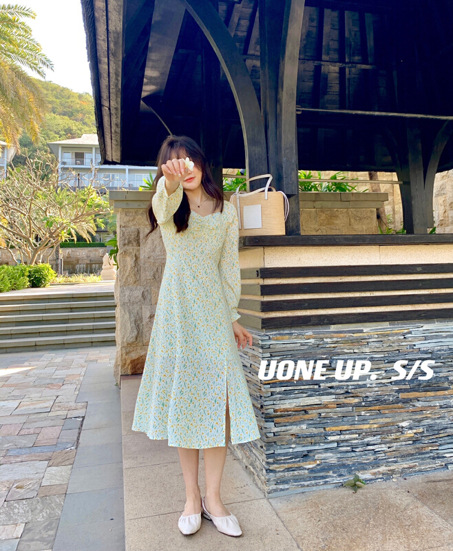 早春上新!【UONE】溫柔風褶皺設計開叉連衣裙  98275#  LSL