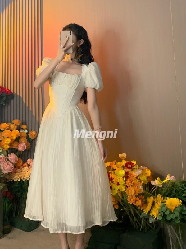 [see you] square neck zipper bubble sleeve dress 3870# PCZ