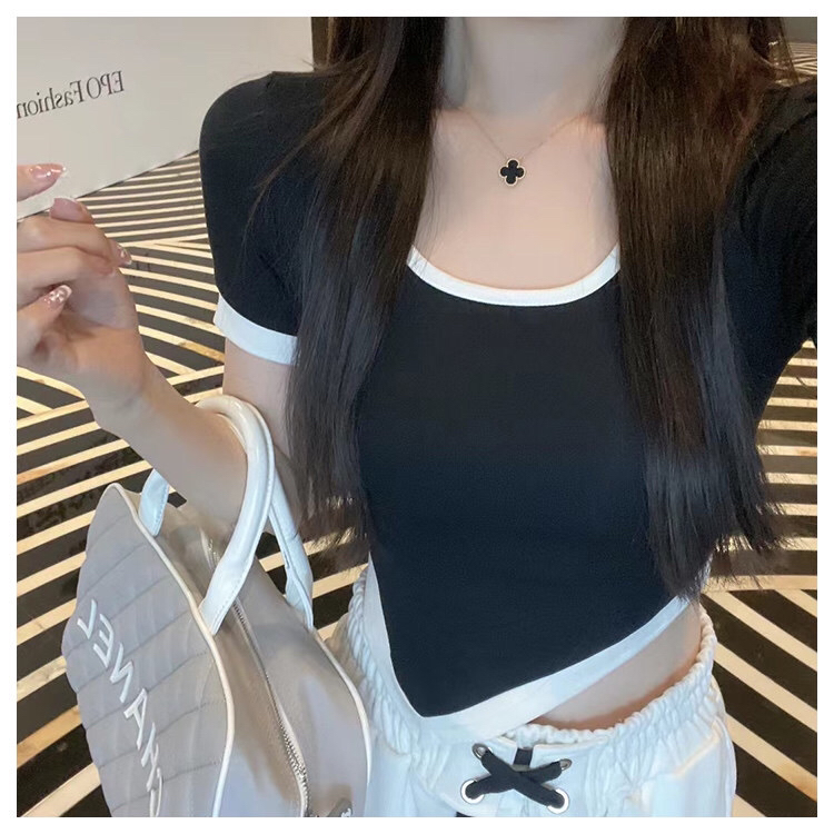 New in early summer! [xinyuanjieyi Xinyuan garment] contrast stitching design inclined hem short sleeve T-shirt 561# Cl