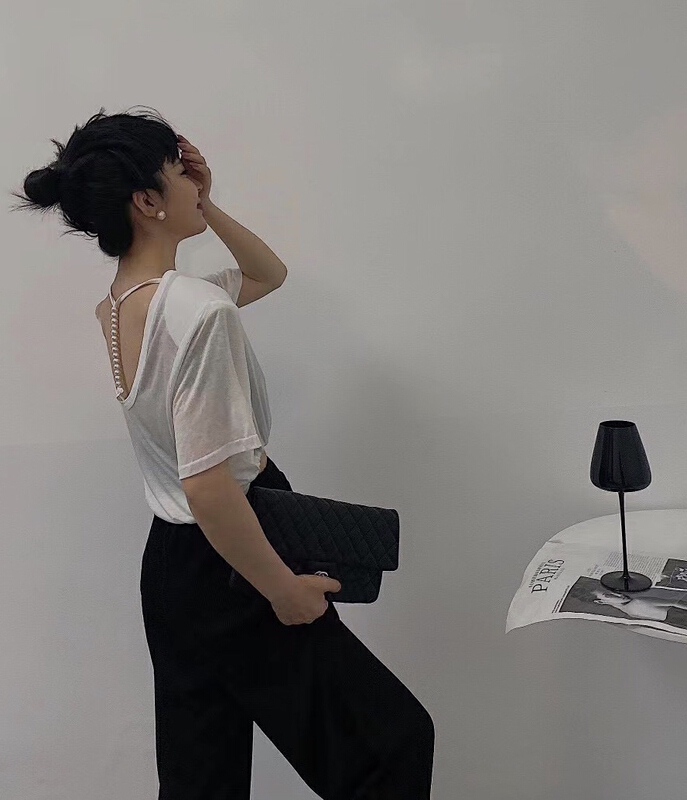 [top] Korean minimalist backless design Short Sleeve T-shirt 2079# zjy