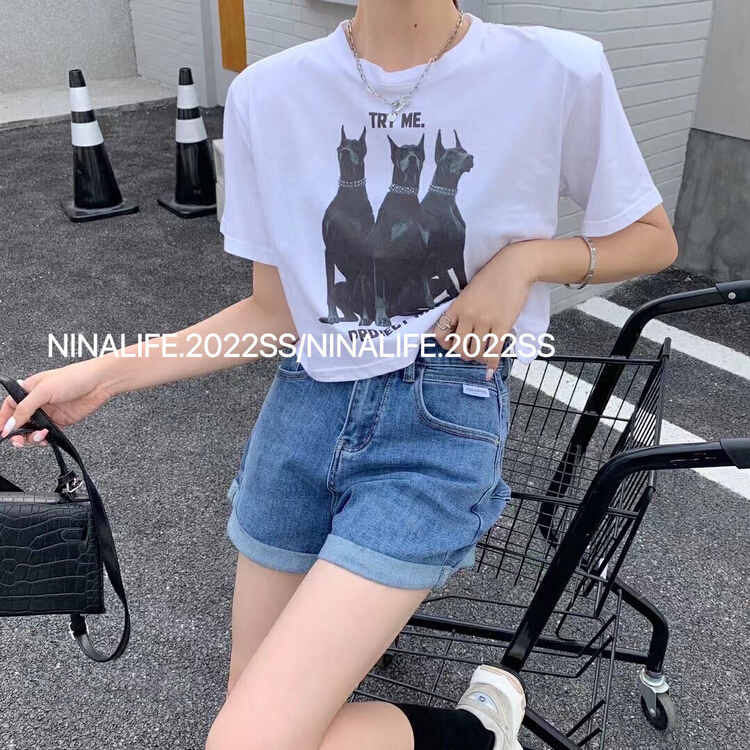 [Nina life] dog letter print short sleeve T-shirt 135# zxl