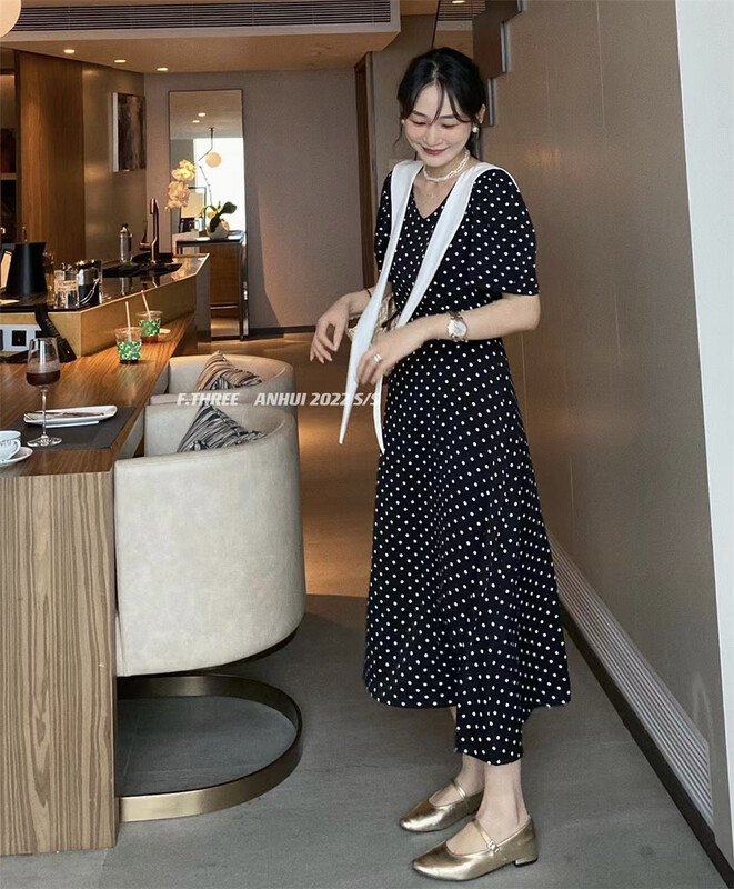 [f.three] V-neck Chiffon Dress 95180# XJ