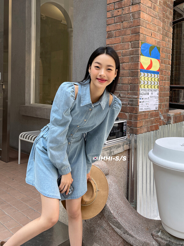 New year in early spring! [immi] Korean bubble sleeve waist closing design denim dress 16002# lwy