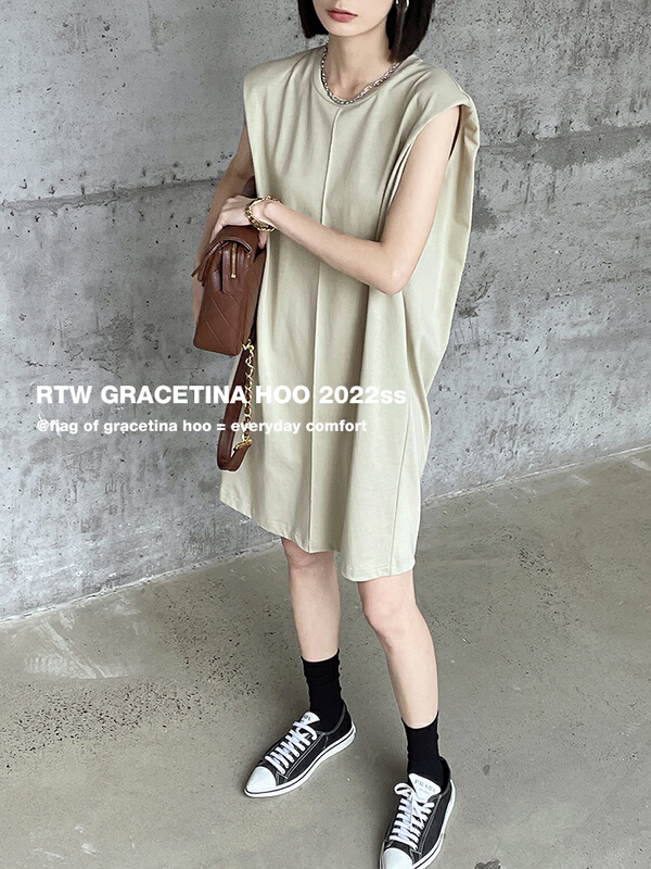 [gracetina Hoo] solid color loose silhouette shoulder padded vest dress ly6106# zxl