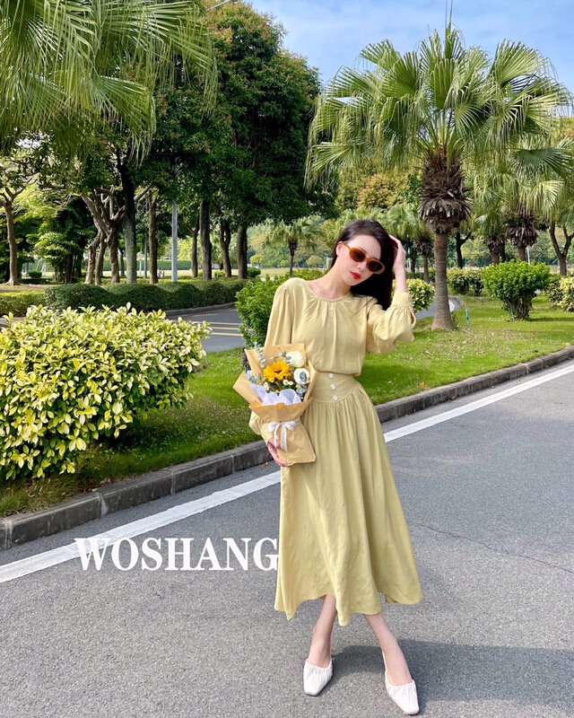 早春上新!【WOSHANG沃尚】韓版圓領套頭小衫+高腰後橡筋顯瘦傘裙套裝  1122#  XYJ
