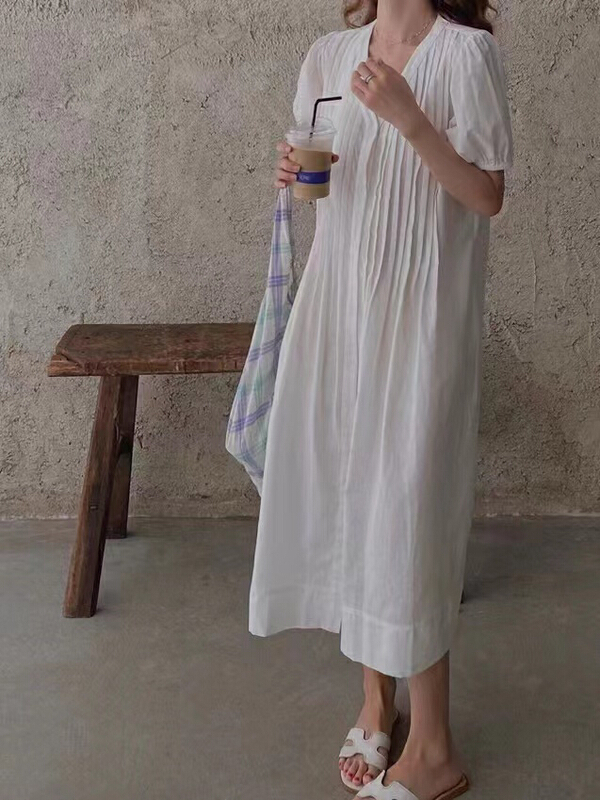 [ISO Korean] solid V-neck single breasted Pleated Dress 66155# hjy