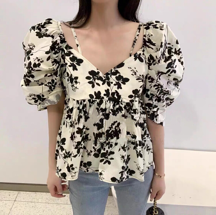 [X.C] Korean Vintage printing Bubble Sleeve Chiffon suspender chiffon shirt 558# WPL