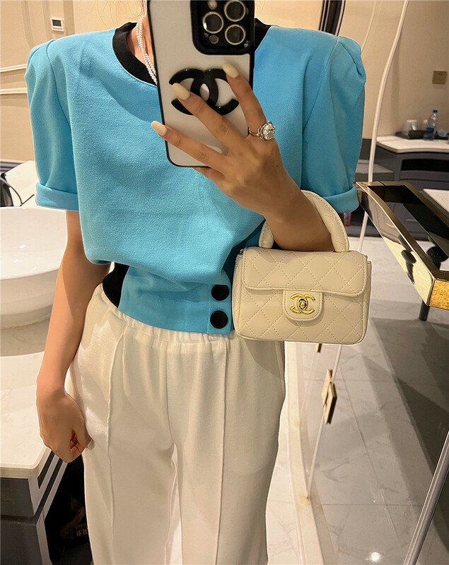 [N.N] Korean color contrast stitched bubble sleeve short shirt ys1-1697# cqw