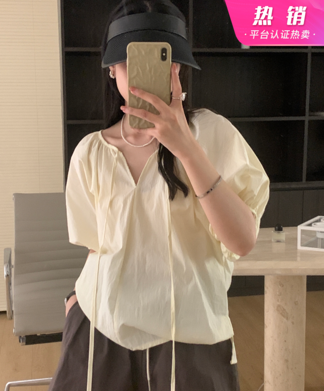[on line] French Style Bubble Sleeve lace up solid color loose shirt 3388# lwy