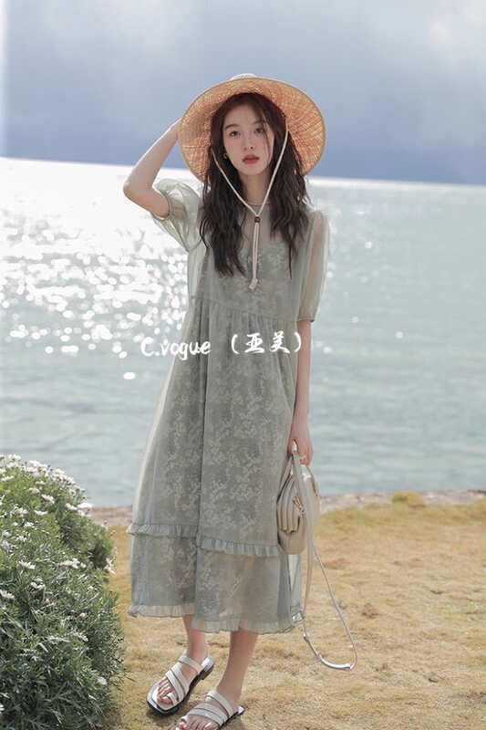 初夏上新!【C.VOGUE】韓版百搭吊帶連衣裙+網紗連衣裙套裝  2321#  PCZ
