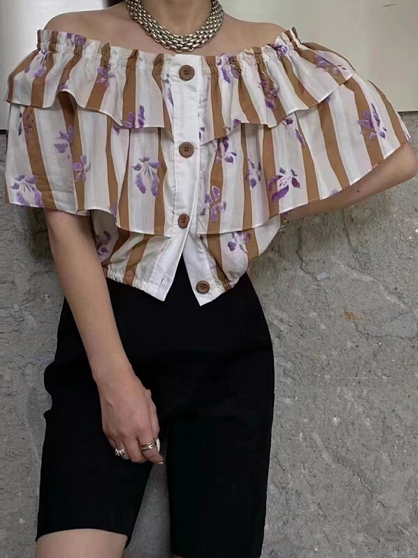 [Yan Zhen] one shoulder button floral short shirt 66004# PCZ