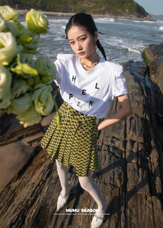 Order! [Mumu sea] heavy industry personalized letter bubble sleeve shoulder pad short sleeve T-shirt 6171# zxl