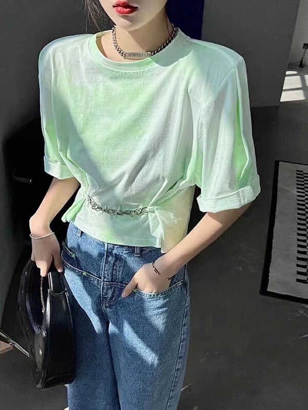 New in early summer! [3C +] round neck Pullover tie dyed chain small design Short Sleeve T-shirt (including shoulder pad) 5071# ZZL