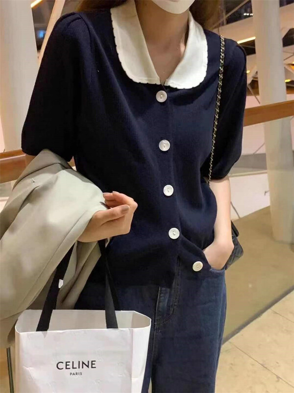 New in early summer! [Susan] color blocked breasted Korean knitted cardigan 19053# LSW